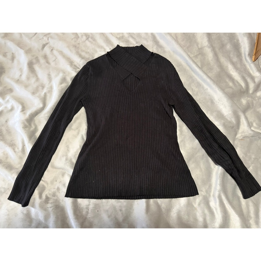 Black Ribbed Long Sleeve Top Crisscross Cutout Neckline Mock Neck Sweater